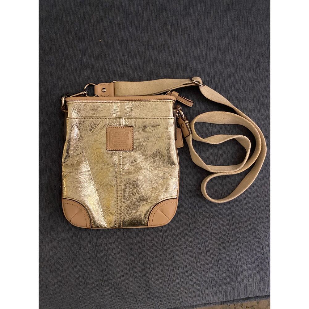 VINTAGE Coach Metallic Gold Leather Crossbody Bag Tan Trim Slim Messenger 2000s